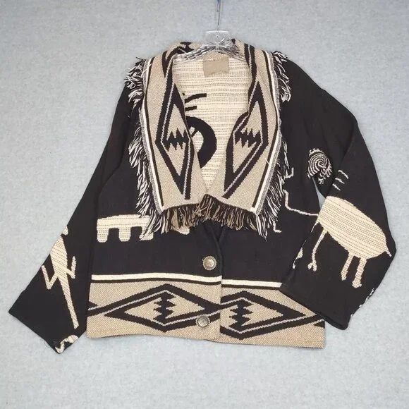 Western One Size Aztec Cowboy Women's All Cotton Jacket Raw Hem 2 Button Front - Picture 2 of 12